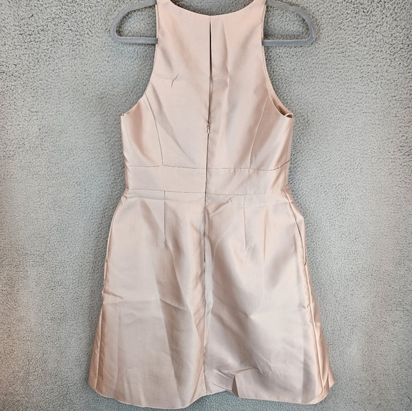Alfred Sung Cocktail Dress Womens Sz 12 Nude Tan Beige Satin High Neck Pockets - Picture 7 of 11